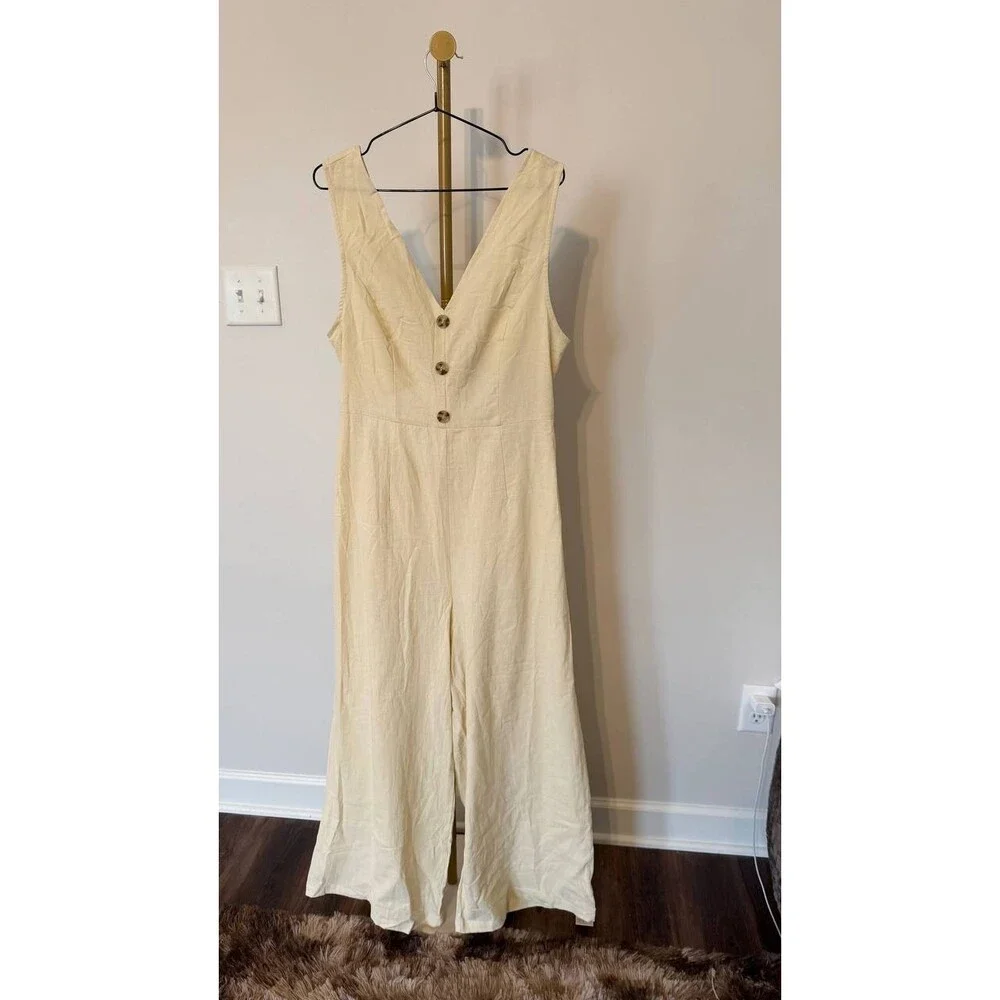 Cupshe High Society Beige Jumpsuit XL Wide Leg Bow Tie Back NWT Chic Outfit - Picture 5 of 9